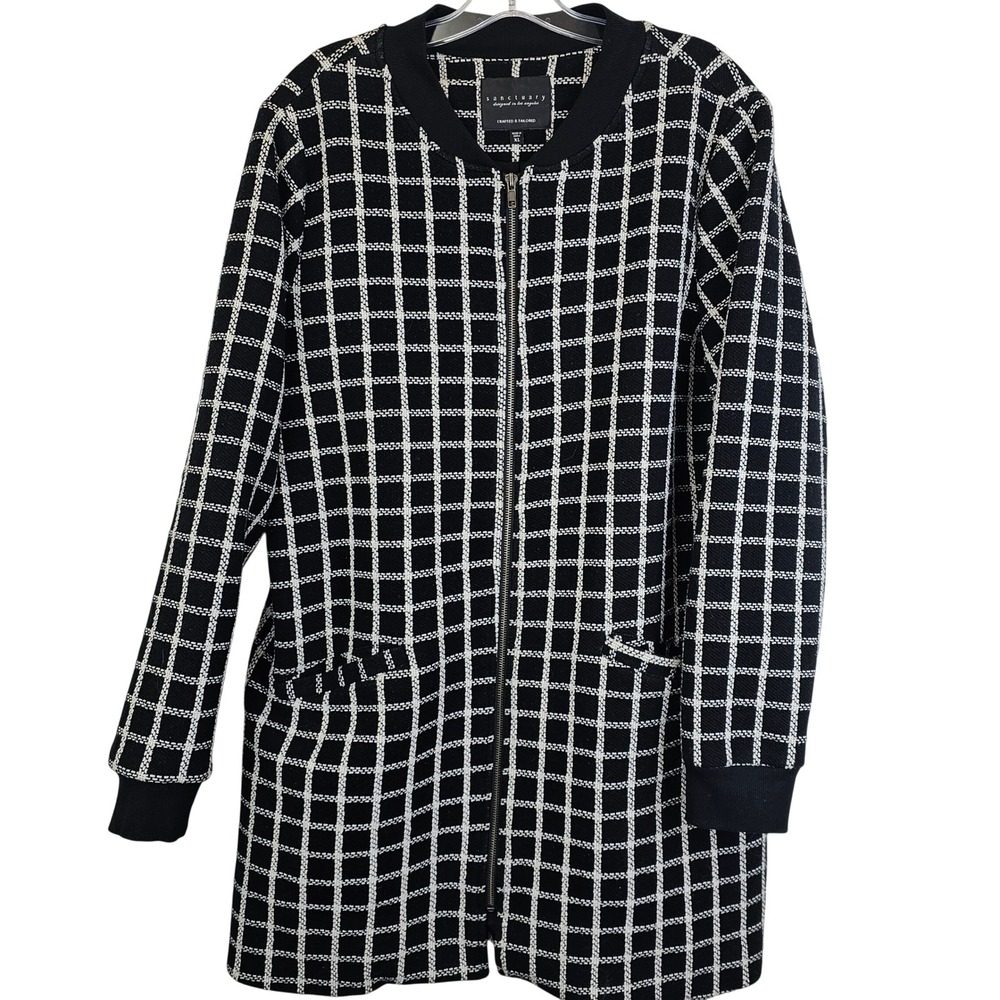 Sanctuary Longline Coat Womens XL Black White Grid‎ Pattern Zip Jacket Preppy